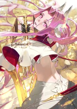 1girl back backless_dress backless_outfit chrysaor_(fate) dress fadingz fate/grand_order fate_(series) greatsword long_hair long_sleeves looking_at_viewer looking_back medusa_(fate) medusa_(saber)_(fate) open_mouth parted_bangs pink_eyes pink_hair solo sword very_long_hair weapon white_dress