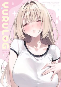 1girl blonde_hair blush breasts commentary_request cover cover_page eyelashes hair_between_eyes hair_intakes hand_on_own_chest large_breasts long_hair looking_at_viewer original parted_lips pink_eyes shirt short_sleeves simple_background solo sparkle upper_body white_shirt yuita_(yuita17)
