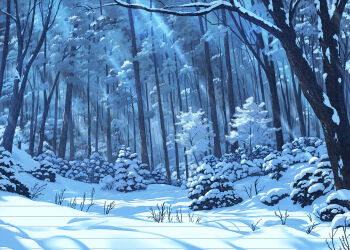 bare_tree blue_theme bush grass highres isobe_toast light_rays no_humans original outdoors pine_tree scenery snow sunbeam sunlight tree winter