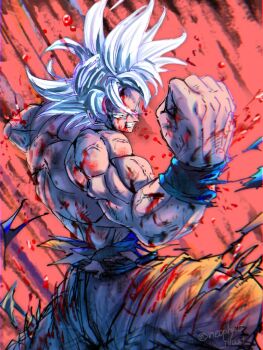 1boy blood clenched_hand clenched_teeth dragon_ball dragon_ball_super grey_eyes male_focus medium_hair muscular muscular_male neophyte_illust orange_pants pants red_background solo son_goku spiked_hair teeth topless_male ultra_instinct white_hair