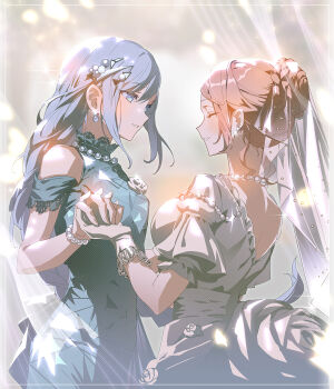 Rule 34 | 2girls, blue eyes, blurry, blurry background, blush, bracelet, braid, braided bun, breasts, bridal veil, bride, brooch, brown hair, closed eyes, clothing cutout, commentary, dress, earrings, female focus, flower, flower brooch, from side, gloves, grey dress, grey hair, hair between eyes, hair bun, hair ornament, haun, highres, holding, holding hands, jewelry, lace, lace-trimmed dress, lace trim, large breasts, long braid, long hair, looking at another, mochizuki honami, multiple girls, necklace, official alternate costume, official alternate hair length, official alternate hairstyle, parted lips, pearl bracelet, pearl earrings, pearl hair ornament, pearl necklace, project sekai, puffy short sleeves, puffy sleeves, rose, see-through clothes, see-through veil, short hair, short sleeves, shoulder cutout, sidelocks, single braid, small breasts, smile, tonari ni tatsu yasashii anata e (project sekai), untranslatable commentary, upper body, veil, wedding dress, white dress, white gloves, wife and wife, yoisaki kanade, yuri