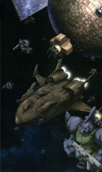 1990s_(style) absurdres army assault_rifle beam_cannon cannon fleet gelgoog gelgoog_marine gun gundam gundam_0083 gundam_perfect_file highres machine_gun machinery magazine_scan mecha mecha_focus mobile_suit nebula no_humans o'neill_cylinder official_art realistic retro_artstyle rifle robot scan scene_reference science_fiction ship_turret solar_panel_wings space space_habitat star_(sky) traditional_media ueda_youichi weapon zanzibar_(space_shuttle) zeon zero_gravity