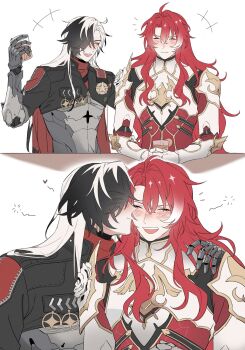 +++ 2boys :d ^_^ ahoge alcohol argenti_(honkai:_star_rail) arm_around_shoulder armor black_hair black_jacket blush boothill_(honkai:_star_rail) breastplate cape closed_eyes closed_mouth commentary_request cropped_jacket crossed_bangs cup cyborg drunk gauntlets gold_trim hair_between_eyes hair_intakes hair_over_one_eye hand_on_another&#039;s_shoulder hand_up heart highres holding holding_cup honkai:_star_rail honkai_(series) jacket kiss kissing_cheek korean_commentary laughing long_hair long_sleeves mahan_(mahan3890) male_focus multicolored_hair multiple_boys multiple_views one_eye_covered open_mouth parted_bangs pauldrons red_cape red_hair red_shirt sharp_teeth sheriff_badge shirt short_sleeves shoulder_armor simple_background smile squeans streaked_hair teeth upper_body upper_teeth_only vambraces white_background white_hair yaoi zipper zipper_pull_tab
