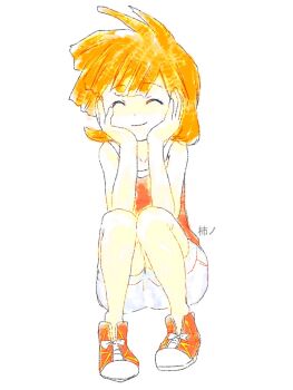 1girl ^_^ bad_id bad_pixiv_id bare_arms bare_shoulders closed_eyes closed_mouth collarbone facing_viewer full_body hands_on_own_cheeks hands_on_own_face happy knees_together_feet_apart misty_(pokemon) nintendo no_socks orange_hair pokemon pokemon_adventures red_shirt shirt shoes short_hair shorts simple_background sitting sleeveless sleeveless_shirt smile sneakers solo squatting tank_top white_background white_shorts