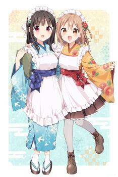 2girls apron black_boots black_hair black_sandals black_skirt blue_background blue_kimono blunt_bangs boots border breasts brown_eyes brown_hair commentary_request floral_print floral_print_kimono flower frilled_apron frills gradient_background grey_pantyhose hair_flower hair_ornament half_updo hand_on_another's_shoulder hazuki_(sutasuta) highres holding holding_menu japanese_clothes kimono lace-up_boots long_hair maid maid_apron maid_headdress matsukawa_tsubaki medium_breasts medium_hair medium_skirt menu multiple_girls ogino_hiyori orange_kimono outside_border pantyhose partial_commentary pinching_sleeves pleated_skirt print_kimono red_eyes red_flower sandals skirt socks tabi wa_maid white_apron white_border white_socks yellow_background yumeguri_yurimeguri