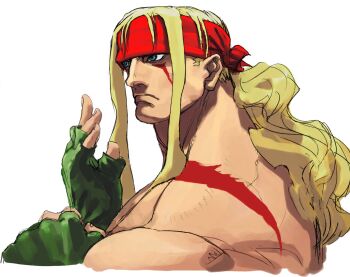 Rule 34 | 1boy, alex (street fighter), blonde hair, blue eyes, facepaint, fingerless gloves, gloves, headband, highres, ikeno daigo, long hair, male focus, muscular, official art, ponytail, portrait, red headband, scar, solo, street fighter, street fighter iii (series), topless male