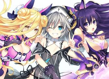 3girls armor armored_dress black_dress blonde_hair blue_eyes blush breasts butterfly_hair_ornament cauldron cleavage clenched_teeth closed_mouth commentary_request cropped date_a_live double_bun double_v dress grin hair_between_eyes hair_bun hair_ornament honjou_nia hoshimiya_mukuro large_breasts locked_arms long_hair looking_at_viewer medium_breasts multiple_girls nun official_art open_mouth pink_dress purple_armor purple_eyes purple_hair short_hair simple_background smile starry_sky_print teeth tsunako v white_background yatogami_tohka yellow_eyes