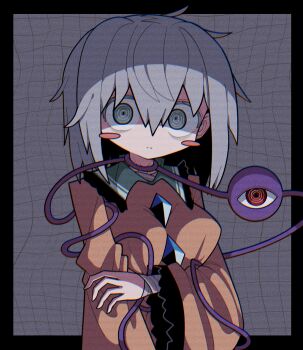 1girl absurdres alternate_breast_size asphyxiation bags_under_eyes breasts empty_eyes frilled_shirt_collar frilled_sleeves frills green_eyes grey_hair highres komeiji_koishi looking_at_viewer medium_breasts medium_hair strangling third_eye tile_wall tiles touhou zunusama