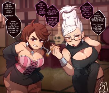 2girls ayase_momo ayase_seiko beehive_hairdo black_choker black_dress black_skirt blurry blurry_background blush breasts brown_eyes brown_hair brown_pantyhose choker cigarette cleavage cleavage_cutout clothing_cutout commentary cross cross_choker cross_earrings dandadan detached_sleeves dress earrings english_commentary english_text goth_fashion grandmother_and_granddaughter highres holding holding_cigarette indoors jewelry large_breasts looking_at_viewer mature_female miniskirt multiple_girls open_mouth pantyhose parted_bangs pink_shirt semi-rimless_eyewear semi_draws shirt short_hair skirt sleeveless sleeveless_dress sleeveless_shirt smoke smoke_trail speech_bubble strapless strapless_shirt swept_bangs talking tall_hair torn_clothes torn_pantyhose under-rim_eyewear white_hair