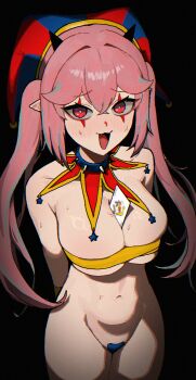 1girl arms_behind_back between_breasts black_background blush breasts card card_between_breasts collar fang hair_between_eyes hair_intakes hat highres jester jester_cap liminal0803 linea_alba looking_at_viewer maebari makeup naked_ribbon navel open_mouth original paid_reward_available pink_hair playing_card pointy_ears red_eyes ribbon simple_background solo spiked_collar spikes stomach sweat twintails