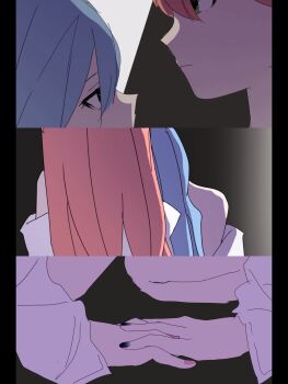 2girls blue_hair closed_mouth commentary green_eyes highres holding_hands hololive hoshimachi_suisei interlocked_fingers long_hair looking_at_another multiple_girls pink_hair sakura_miko virtual_youtuber yuri zatta_zmm