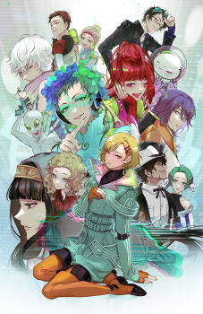 2others 5boys 6+girls beluga_whale black_hair blonde_hair cat chipie_(gnosia) comet_(gnosia) copyright_name everyone feathers gina_(gnosia) gnosia highres jonas_(gnosia) kukrushka_(gnosia) multiple_boys multiple_girls multiple_others one_eye_closed otome_(gnosia) purple_eyes raqio red_eyes remnan_(gnosia) setsu_(gnosia) sha-ming shigemichi shinsuke_(moccori) short_hair sq_(gnosia) stella_(gnosia) yuriko_(gnosia)