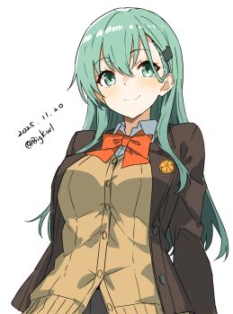 1girl absurdres bigkwl blush bow bowtie breasts brown_cardigan brown_jacket buttons cardigan closed_mouth commentary dated_commentary green_eyes green_hair highres jacket kantai_collection large_breasts long_hair long_sleeves looking_at_viewer open_clothes open_jacket orange_bow orange_bowtie simple_background smile solo suzuya_(kancolle) suzuya_kai_ni_(kancolle) upper_body white_background wing_collar