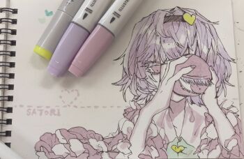 1girl black_hairband character_name commentary_request hair_ornament hairband heart heart_hair_ornament highres komeiji_satori marker_(medium) purple_eyes purple_hair purple_shirt shinjitsu_no_kuchi shirt short_hair solo third_eye touhou traditional_media upper_body