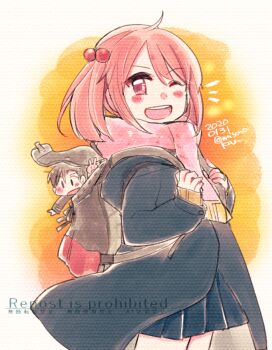 Rule 34 | 1boy, 1girl, admiral (kancolle), ahoge, backpack, bag, black coat, blush stickers, breasts, coat, commentary request, dated, izumiyamisono, kantai collection, medium breasts, mini person, miniboy, one eye closed, open mouth, pink eyes, pink hair, round teeth, sazanami (kancolle), smile, teeth, twintails, twitter username, upper teeth only, watermark