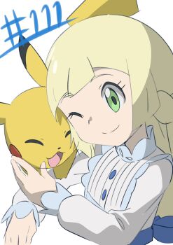 1girl ;) blonde_hair braid buttons closed_mouth commentary_request eyelashes gen_1_pokemon green_eyes head_tilt highres lillie_(pokemon) long_hair long_sleeves nintendo one_eye_closed pikachu pokemon pokemon_(anime) pokemon_(creature) pokemon_journeys pokemon_on_arm pokemon_swsh111 smile split_mouth upper_body white_background yusuke_oshida