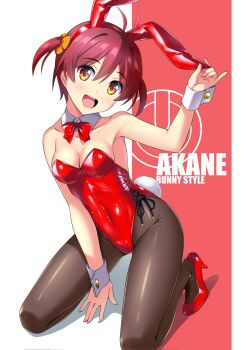 Rule 34 | 1girl, animal ears, black pantyhose, bow, bowtie, breasts, character name, cleavage, commentary request, copyright name, detached collar, fake animal ears, high heels, highleg, highleg leotard, highres, isshiki akane, kneeling, leotard, looking at viewer, nonbe, open mouth, orange eyes, pantyhose, pink background, playboy bunny, power symbol, rabbit ears, rabbit tail, red bow, red bowtie, red hair, red leotard, red shoes, round teeth, scrunchie, shoes, short hair, simple background, small breasts, smile, solo, strapless, strapless leotard, tail, teeth, twintails, upper teeth only, vividred operation, wrist cuffs