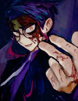 Rule 34 | 1boy, arm up, beckoning, black coat, blood, blood on face, blood on hands, coat, commentary request, corbeau (pokemon), g o a t vault, glasses, highres, lapels, looking at viewer, male focus, necktie, nintendo, open mouth, pokemon, pokemon legends: z-a, purple background, purple hair, purple shirt, round eyewear, shirt, short hair, short sideburns, solo, upper body, white necktie, wide-eyed, yellow eyes