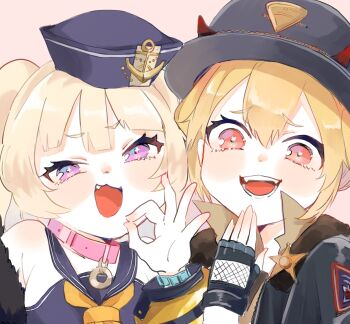 2girls aaoshigatoutoi anchor azur_lane bache_(azur_lane) bare_shoulders black_gloves blonde_hair bracelet collar creator_connection fang fingerless_gloves girls&#039;_frontline gloves hat highres horns jewelry long_sleeves looking_at_viewer m870_(girls&#039;_frontline) multiple_girls ok_sign open_mouth pink_collar purple_eyes red_eyes sailor_collar sheriff_badge