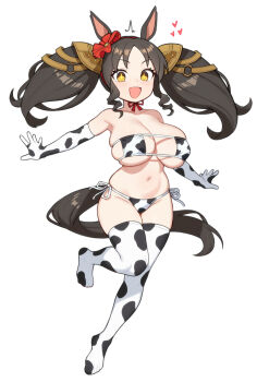 1girl :d absurdres animal_ears animal_print bikini black_hair breasts cleavage cow_print cow_print_bikini cow_print_gloves cow_print_thighhighs curvy drill_hair drill_sidelocks fang full_body gloves highres horse_ears horse_girl horse_tail long_hair looking_at_viewer marvelous_sunday_(umamusume) moursho navel no_shoes open_mouth print_bikini print_gloves print_thighhighs side-tie_bikini_bottom sidelocks simple_background skin_fang smile solo star-shaped_pupils star_(symbol) stomach strapless strapless_bikini swimsuit symbol-shaped_pupils tail thighhighs thong thong_bikini twintails umamusume white_background wide_hips
