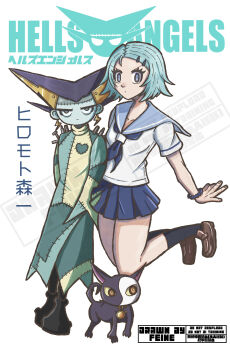 Rule 34 | 2girls, absurdres, aqua hair, black socks, blue eyes, bolt (hardware), bracelet, brown shoes, commentary request, copyright name, earrings, feine0417, grey eyes, hair ornament, hairclip, hells, hells angels, highres, jewelry, kami-sama (hells angels), lightning bolt earrings, lightning bolt symbol, multiple girls, orange eyes, sailor collar, school uniform, shoes, simple background, skirt, socks, steela (hells angels), stitched forehead, translation request