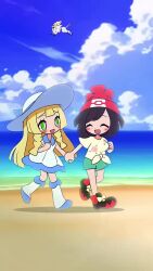 2girls alolan_exeggutor alolan_form animated bewear blonde_hair chibi gen_7_pokemon green_eyes highres kakk_e legendary_pokemon lillie_(pokemon) lunala lycanroc lycanroc_(dusk) mareanie mimikyu multiple_girls nintendo ocean palossand pokemon pokemon_sm primarina selene_(pokemon) solgaleo togedemaru video water