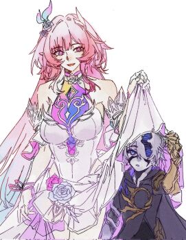 1boy 1girl aqua_hair armored_gloves bare_shoulders black_hood blue_eyes breasts commentary_request corrupted_twitter_file cracked_skin cyrene_(honkai:_star_rail) cyrene_(ripples_of_past_reverie)_(honkai:_star_rail) flame_reaver_of_the_deepest_dark flower gold_gloves hair_flower hair_ornament highres honkai:_star_rail honkai_(series) large_breasts long_hair multicolored_hair pink_hair pointy_ears purple_eyes simple_background smile suan_jiao very_long_hair white_background white_hair