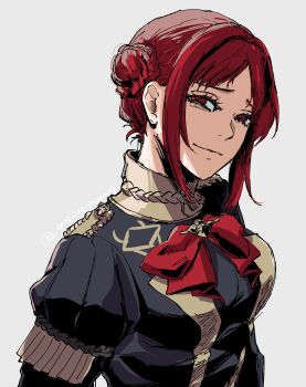 1girl absurdres arched_lower_eyelids armor artist_name braid braided_bun breasts choker_jewel closed_mouth fire_emblem fire_emblem:_three_houses garreg_mach_monastery_uniform grey_background hair_bun highres looking_at_viewer medium_breasts monica_von_ochs nintendo pauldrons raised_inner_eyebrows red_eyes red_hair short_hair shoulder_armor sidelocks simple_background single_hair_bun solo twitter_username umi_(oneinchswing) upper_body