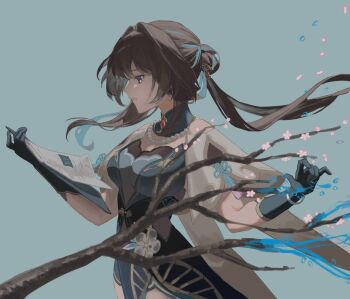 1girl akaguchi_35 black_dress black_hair blue_background blue_dress blue_gloves blue_hair branch breasts china_dress chinese_clothes clipboard cowboy_shot detached_collar dress elbow_gloves floating_hair flower flower_knot flower_ornament gem gloves green_eyes hair_between_eyes hair_bun hair_ornament hair_stick hands_up holding holding_clipboard honkai:_star_rail honkai_(series) jewelry long_hair looking_at_object low_twintails mandarin_collar medium_breasts multicolored_hair necklace paper pearl_necklace pendant petals pink_flower red_gemstone ruan_mei_(honkai:_star_rail) short_sleeves simple_background solo standing tassel teeth twintails two-tone_dress two-tone_hair white_flower