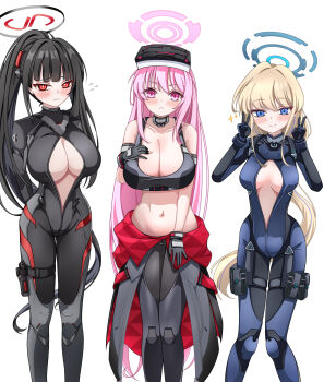 Rule 34 | 3girls, armband, arms behind back, bare shoulders, black bodysuit, black gloves, black hair, black halo, black sports bra, blonde hair, blue archive, blue bodysuit, blue eyes, blue halo, blue streaks, blunt bangs, blush, bodysuit, breasts, bright pupils, cleavage, closed mouth, collarbone, commentary request, double v, eimi (battlesuit) (blue archive), eimi (blue archive), eyewear on head, flying sweatdrops, gloves, groin, hair between eyes, hair down, hair ornament, halo, hand on own chest, head-mounted display, highres, holster, impossible bodysuit, impossible clothes, large breasts, latex, latex bodysuit, loang-lipe, long hair, looking at viewer, medium breasts, midriff, multicolored halo, multiple girls, navel, no jacket, official alternate costume, official alternate hairstyle, open bodysuit, open clothes, parted lips, partially unzipped, pink eyes, pink hair, pink halo, ponytail, pouch, red eyes, ringed eyes, rio (armed) (blue archive), rio (blue archive), sidelocks, simple background, skin tight, skindentation, smile, sparkle, sports bra, standing, thigh holster, thigh pouch, toki (armed) (blue archive), toki (blue archive), two-tone halo, v, very long hair, white background, white pupils