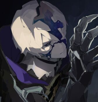 1713tobe 1boy black_cloak black_sclera clawed_gauntlets cloak colored_sclera commentary cracked_skin english_commentary flame_reaver_of_the_deepest_dark honkai:_star_rail honkai_(series) hood hood_down hooded_cloak male_focus pale_skin phainon_(honkai:_star_rail) scene_reference short_hair solo white_hair