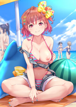4girls ahoge ass ball bare_shoulders barefoot beach_towel beach_umbrella beachball bikini bikini_pull bikini_skirt bikini_under_clothes blue_hair blue_nails blue_one-piece_swimsuit blush bow breasts cleavage clothes_pull collarbone commentary_request competition_swimsuit earrings flashing frilled_bikini frills grey_hair hair_between_eyes hair_bow hair_ornament hairclip hand_on_own_leg high_ponytail highres jewelry kanabun long_hair looking_at_viewer love_live! love_live!_sunshine!! matsuura_kanan medium_breasts multicolored_bikini multiple_girls nail_polish navel nipples o-ring off_shoulder one-piece_swimsuit one_breast_out open_mouth oppai_challenge orange_hair orange_nails outdoors ponytail red_eyes short_hair short_shorts shorts smile solo_focus splashing striped_bikini striped_clothes stuffed_animal stuffed_dolphin stuffed_toy sunlight swimsuit takami_chika toenail_polish toenails towel triangle_hair_ornament tsushima_yoshiko two-tone_bikini umbrella under_umbrella watanabe_you water white_bikini yellow_bow