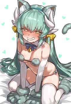 1girl absurdres animal_ears animal_hands bad_link bare_shoulders blush breasts cat_ears cat_tail cleavage dragon_girl dragon_horns drooling ebora fate/grand_order fate_(series) gloves green_hair hair_ornament heart heart-shaped_pupils highres horns kiyohime_(fate) long_hair looking_at_viewer medium_breasts navel open_mouth paw_gloves paw_shoes smile solo symbol-shaped_pupils tail thighs yellow_eyes