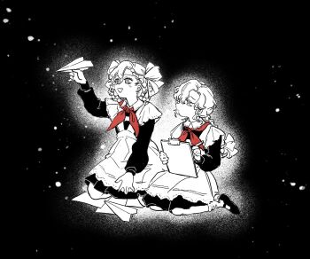 2girls :d aged_down apron arm_up black_background braid braided_hair_rings clipboard dress frilled_apron frills greyscale hair_ribbon hair_rings holding holding_clipboard holding_paper_airplane holding_pen long_hair looking_at_another looking_up mary_janes monochrome multiple_girls neckerchief open_mouth paper_airplane pen profile red_neckerchief reverse:1999 ribbon school_uniform seiza shoes short_dress single_braid sitting smile socks soviet_school_uniform spot_color vila_(reverse:1999) windsong_(reverse:1999) xuancheng