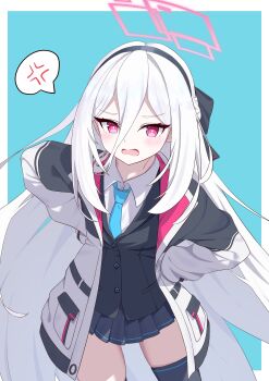 Rule 34 | absurdres, anger vein, aqua background, black hairband, blue archive, blue necktie, border, bright pupils, commentary, frywolny 27, hair between eyes, hairband, halo, hands on own hips, highres, jacket, kei (blue archive), kei (new body) (blue archive), long hair between eyes, long sleeves, multicolored jacket, necktie, open mouth, pink eyes, pink halo, rectangular halo, ringed eyes, simple background, speech bubble, two-tone jacket, white border, white hair, white jacket, white pupils