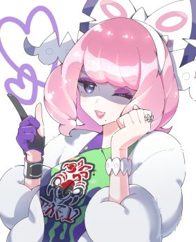 1girl absurdres aimai497_oo bad_id bad_twitter_id bow bracelet breasts collared_shirt drill_hair drill_sidelocks dynamax_band eyeshadow flipped_hair fur_jacket hair_bow hairband heart highres index_finger_raised jacket jewelry klara_(pokemon) makeup medium_breasts mole mole_under_mouth nintendo one_eye_closed pink_eyeshadow pink_hair pink_lips pokemon pokemon_swsh print_shirt purple_eyes ring shaded_face shirt short_hair sidelocks smile solo two-tone_shirt upper_body white_bow white_hairband