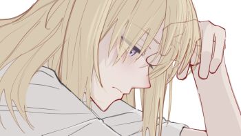 1girl amakuma bang_dream! bang_dream!_it's_mygo!!!!! blonde_hair closed_mouth commentary highres medium_hair misumi_uika purple_eyes short_sleeves simple_background solo white_background