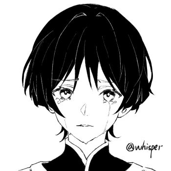 Rule 34 | 1boy, blunt ends, choppy bangs, crying, crying with eyes open, eyelashes, genshin impact, greyscale, highres, looking at viewer, male focus, mandarin collar, monochrome, parted lips, portrait, scaramouche (genshin impact), solo, straight-on, tears, twitter username, whisper (suisuibingtang), white background