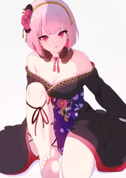 1girl absurdres anemone_(flower) barefoot black_kimono breasts commentary detached_collar flower gold_hairband gradient_background hair_flower hair_ornament hairband highres hololive hololive_english japanese_clothes kimono leg_ribbon medium_breasts mori_calliope mori_calliope_(new_year) obi off_shoulder official_alternate_costume official_alternate_hair_length official_alternate_hairstyle parted_lips pink_eyes pink_hair pokyo purple_sash ribbon sash short_hair solo virtual_youtuber