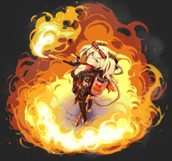 Rule 34 | 1girl, absurdres, black jacket, black skirt, black thighhighs, black tube top, blonde hair, breasts, burnice white, canister, cleavage, commentary, dark background, english commentary, eyewear on head, fire, flamethrower, from above, full body, highres, holding, holding flamethrower, holding weapon, jacket, large breasts, looking at viewer, orange eyes, parted lips, propane tank, red-tinted eyewear, ring of fire, short twintails, skirt, smile, solo, spiked jacket, strapless, sunglasses, thighhighs, tinted eyewear, tube top, twintails, user ptdu4788, weapon, zenless zone zero