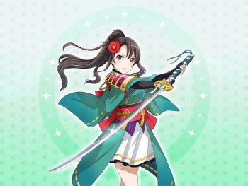 1girl akikaze_rui armor black_hair closed_mouth floating_hair flower frown game_cg green_kimono hair_flower hair_ornament holding holding_sword holding_weapon japanese_armor japanese_clothes kimono looking_at_viewer official_art ootachi ponytail red_eyes shoujo_kageki_revue_starlight shoujo_kageki_revue_starlight_-re_live- solo standing sword upper_body v-shaped_eyebrows weapon