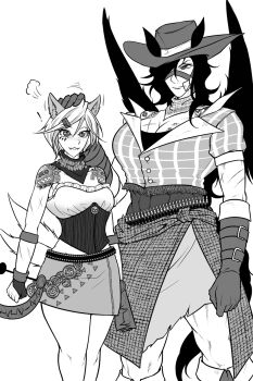 ! 2girls animal_ears bandana bandolier bear_trap belt breasts bullet cleavage closed_mouth commentary_request cowboy_hat cowboy_shot dog_ears dog_girl dog_tail ears_through_headwear ears_up feathered_wings gloves greyscale hat headpat highres horse_ears horse_tail kurokoma_saki large_breasts looking_at_viewer medium_breasts mitsugashira_enoko monochrome multiple_girls multiple_tails ryuuichi_(f_dragon) shirt short_hair short_sleeves shoulder_tattoo simple_background skirt strapless strapless_shirt tail tattoo touhou wings