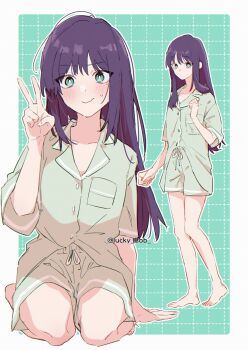 1girl arm_support bare_arms bare_legs barefoot blush border breast_pocket bright_pupils cho_kaguya-hime! closed_mouth collarbone commentary_request dot_nose full_body green_background green_eyes green_shirt green_shorts grid_background hair_down hand_up highres long_hair looking_at_viewer lucky_bob multiple_views nervous_smile outline pocket purple_hair sakayori_iroha seiza shirt shirt_partially_tucked_in short_sleeves shorts sidelocks simple_background sitting sleepwear smile standing straight_hair sweatdrop twitter_username v white_border white_outline white_pupils