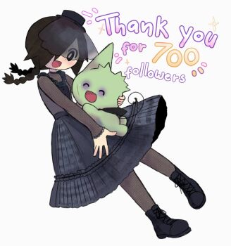 Rule 34 | 1girl, asa (asagh0st), beetlejuice, black boots, black eyes, black hair, blue dress, boots, braid, bright pupils, commentary, cosplay, creature, defect mogeko, dress, english commentary, english text, fishnet pantyhose, fishnet sleeves, fishnets, funamusea, gothic lolita, hair over one eye, hat, hug, kurai yonaka, lolita fashion, lydia deetz, lydia deetz (cosplay), mini hat, mini top hat, mogeko (species), mogeko castle, open mouth, pantyhose, simple background, smile, sparkle, thank you, top hat, twin braids, white background, white pupils