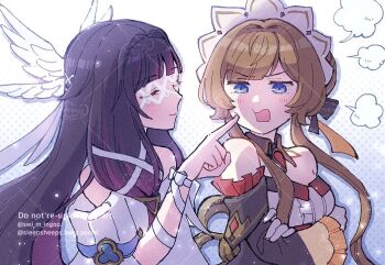 Rule 34 | 2girls, arm ribbon, arms under breasts, bare shoulders, black collar, black dress, black hair, black sleeves, blue eyes, bluesky username, blush, bonnet, brown hair, cheek poking, closed eyes, closed mouth, collar, columbina (genshin impact), crossed arms, detached collar, detached sleeves, dress, eye mask, facing another, frilled sleeves, frills, genshin impact, gloves, gradient background, gradient hair, hair ribbon, hand up, head wings, long hair, mask, multicolored hair, multiple girls, off-shoulder dress, off shoulder, open mouth, poking, polka dot, polka dot background, puff of air, purple hair, rem sleep, ribbon, sandrone (genshin impact), smile, streaked hair, twitter username, upper body, watermark, watermark grid, white background, white dress, white gloves, white ribbon, white wings, winding key, wings, wrist bow