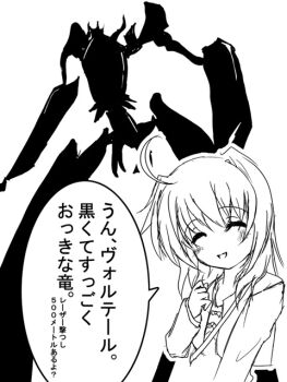 00s 1girl :d ^_^ ahoge bokurano caro_ru_lushe closed_eyes crossover frapowa greyscale long_sleeves lyrical_nanoha mahou_shoujo_lyrical_nanoha mahou_shoujo_lyrical_nanoha_strikers monochrome open_mouth short_hair simple_background smile speech_bubble talking text_focus translation_request upper_body white_background zearth