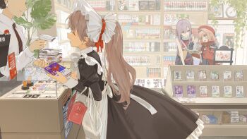 4girls absurdres apron bag barcode_scanner black_dress bonnet book bookshelf bookstore brown_eyes chinese_commentary closed_eyes commentary_request display_case dress earrings expressionless fenia_(resonance_solstice) fingernails frilled_apron frilled_dress frills green_eyes hair_between_eyes hairband hat highres holding holding_barcode_scanner holding_book jacket jewelry katas_(resonance_solstice) long_hair long_sleeves maid multiple_girls navel necktie official_alternate_costume open_book open_mouth pink_hair plant plastic_bag ponytail potted_plant purple_eyes purple_hair reading red_hat red_jacket resonance_solstice shirt shop smile sommer_(resonance_solstice) stomach striped_necktie translation_request white_apron white_bonnet white_shirt yuyin_rina