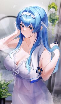 1girl after_bathing breasts dress frilled_nightgown goddess_of_victory:_nikke hair_intakes hairband hashtag-only_commentary helm_(nikke) helm_(post-shower_moment)_(nikke) highres kyoi_(kyo1koo2) nightgown official_alternate_costume panties panties_visible_through_clothes see-through_clothes see-through_dress see-through_nightgown solo towel towel_around_neck underwear wet white_hairband white_nightgown white_panties