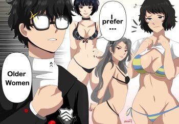 3girls amamiya_ren atlus bikini black_hair brown_hair choker clothes_lift glasses karbuitt kawakami_sadayo megami_tensei multiple_girls niijima_sae persona persona_5 shirt shirt_lift shujin_school_uniform speech_bubble spider_web_print swimsuit takemi_tae white_background white_hair