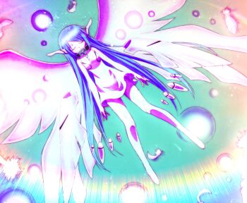 1girl angel angel_wings arms_at_sides blue_hair broken broken_chain bubble chain closed_eyes closed_mouth collar commentary_request dress feathered_wings feathers full_body highres legs lens_flare long_hair metal_collar nymph_(sora_no_otoshimono) official_artist_extra robot_ears sleeveless sleeveless_dress solo sora_no_otoshimono very_long_hair watanabe_yoshihiro white_dress white_wings wings